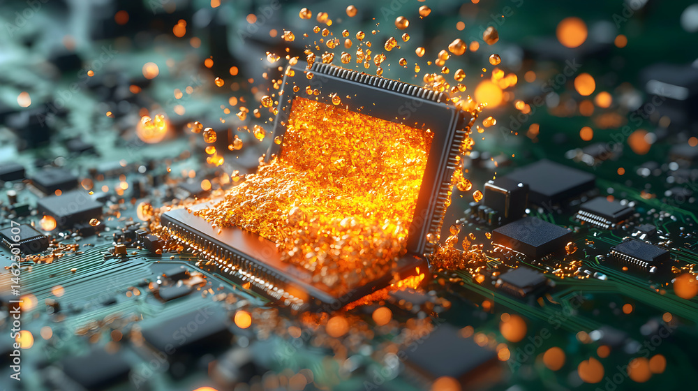 Poster an abstract depiction of a computer chip emitting golden energy. suggests power processing and techn