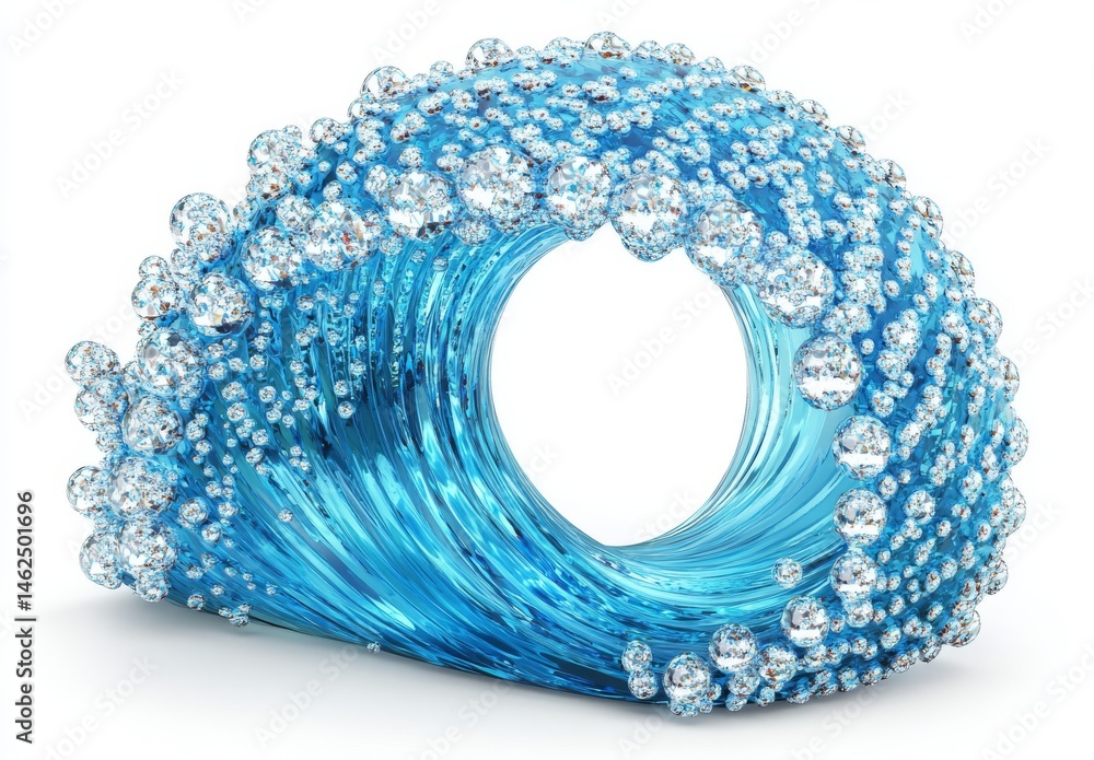 Poster dynamic waves of clear blue water, complete with splashing and bubbles, are set against an isolated 