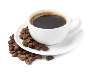 Aromatic coffee in cup, beans and saucer isolated on white