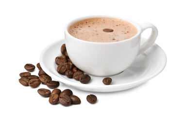 Aromatic coffee in cup, beans and saucer isolated on white