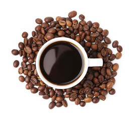 Aromatic coffee in cup and pile of beans isolated on white, top view