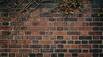 Weathered Brick Wall with Twigs and Foliage, Textured and Rustic