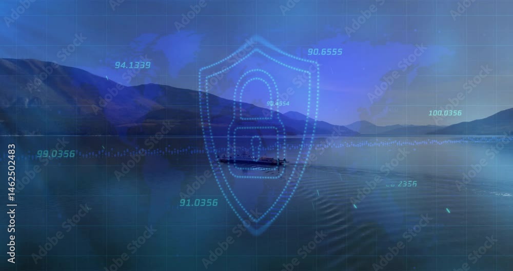 Poster security shield icon floating over cargo ship moving across calm water with map grid, numeric data