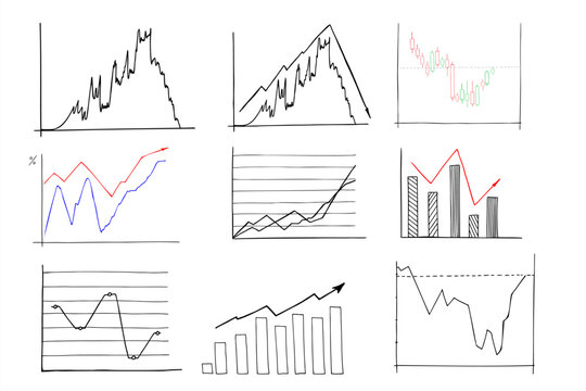 Analytical graphic chart with trend lines, columns set hand drawn ink sketch. Change in time of election results or income, plans. Vector illustration for business data presentation, election results.