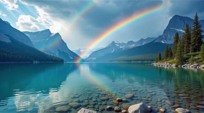 Amazing double rainbow over mountain lake with forested slopes, rocky shore and turquoise water. Great for eco-advertisements, travel brochures, posters and inspirational social media content.