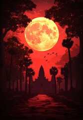 Fototapeta premium A vibrant sky with birds and palm trees serves as the backdrop for a travel illustration of the Angkor Wat temple silhouette at sunset in Cambodia