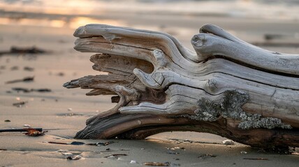 Weathered Driftwood Sculpture at Sunset's Embrace