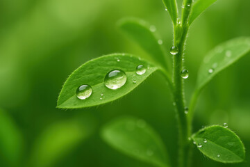 Fototapeta premium Morning dew drops on a young plant with a smooth background, detailed macro in natural light. Use for skincare packaging, nature campaigns, healthy lifestyle advertising and eco-friendly branding.