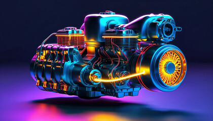 Detailed Mechanical Engine With Bright Neon Lights and Technology Focus
