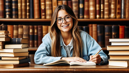 Young Woman Studying in a Library Environment with Books and Notebooks