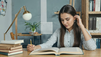 Young Woman Studying in a Library Environment with Books and Notebooks