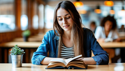 Young Woman Studying in a Library Environment with Books and Notebooks