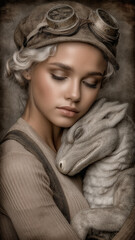 Fototapeta premium Vintage book cover with young girl hugging dragon by steampunk style. 