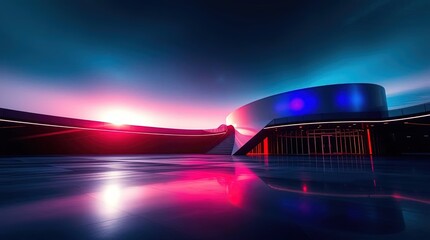 Architectural Marvel: A Modern Design: Witness a stunning architectural masterpiece with sleek lines and vibrant colors, bathed in an ethereal glow, embodying innovation and progress.