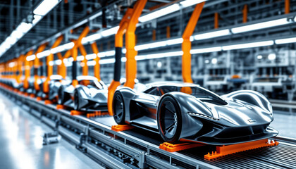 Modern Robotic Factory Producing High-Tech Orange Sports Cars in Assembly Line