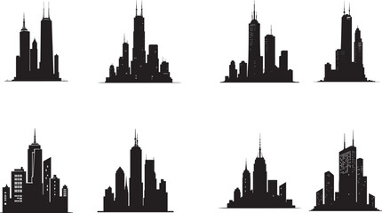 Modern City Skyline Silhouette Icon Set &ndash; Black Urban Building Vector Collection