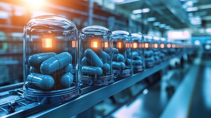 Pharmaceutical production line.  Glass containers hold blue pills moving on an automated conveyor belt in a modern factory