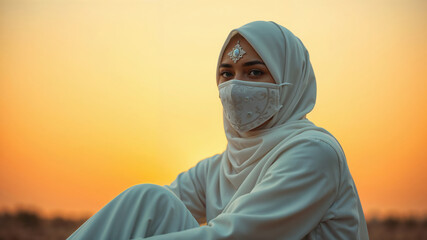 Portrait of a Woman in Hijab and Mask at Sunset