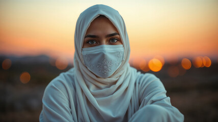 Portrait of a Woman in Hijab and Mask at Sunset