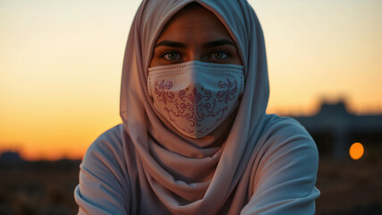 Portrait of a Woman in Hijab and Mask at Sunset