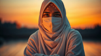 Portrait of a Woman in Hijab and Mask at Sunset