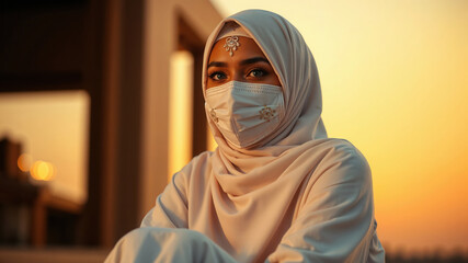 Portrait of a Woman in Hijab and Mask at Sunset