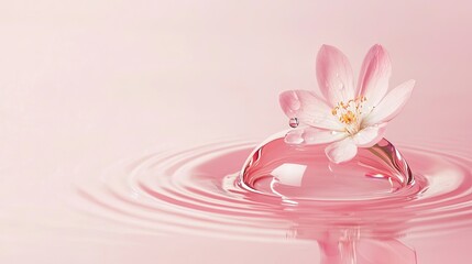Delicate pink flower atop a water droplet.