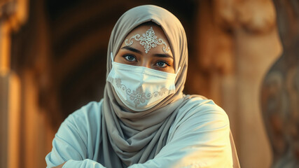 Portrait of a Woman in Hijab and Mask at Sunset