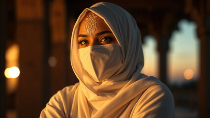 Portrait of a Woman in Hijab and Mask at Sunset