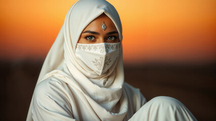 Portrait of a Woman in Hijab and Mask at Sunset