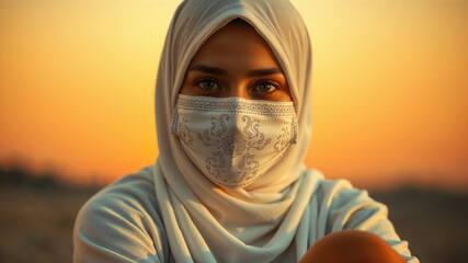 Portrait of a Woman in Hijab and Mask at Sunset