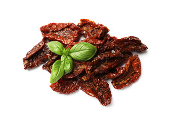 Delicious sun dried tomatoes and basil isolated on white, top view