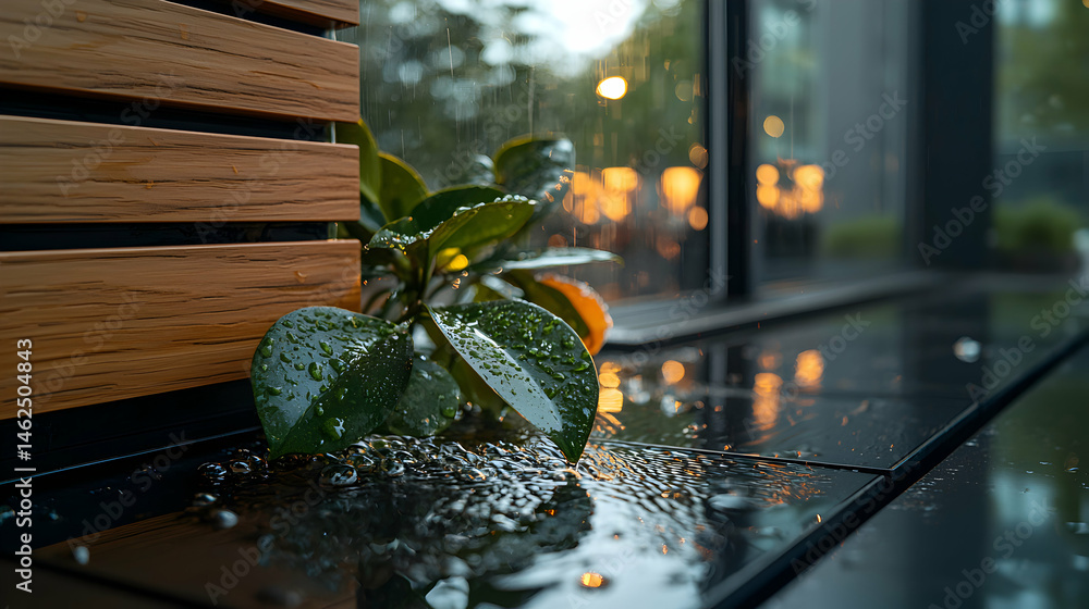 Poster a serene image captures rain on a plant near a window. the wooden slats add texture while blurred li