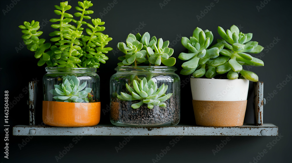 Poster succulents displayed in glass jars and a pot on a rustic shelf. ideal for home decor. use to add lif