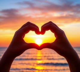 Hands forming a heart shape around the sunset over the sea, creating a symbol of love and harmony, with warm sky colors and a magical reflection in the water