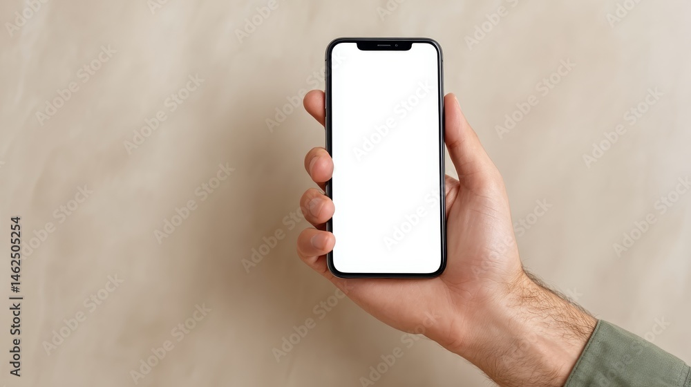 Poster a clean layout presents a blank white smartphone screen held by a hand, set against a neutral backgr