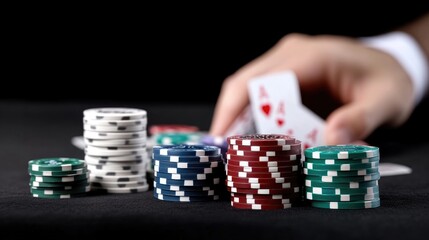Poker Chips and Cards Dramatic Lighting Close-Up Focus Stacked arrangement High-stakes game Dark felt background Moody deep red tones Gambling advertisement