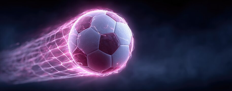 Polygonal Soccer Ball Scores Into Glowing Net Against Dark Blue Background Digital Art - Powered by Adobe
