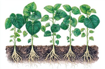Row of young plants with visible roots in soil.  Healthy growth stages