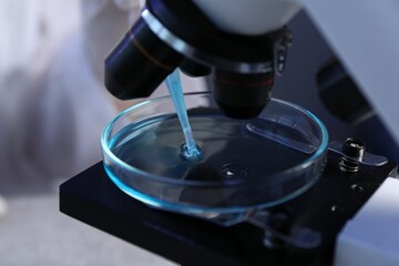 Dripping liquid with pipette onto Petri dish on microscope in laboratory, closeup