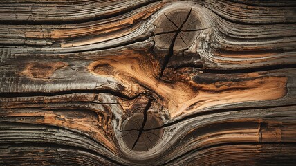 Weathered Wood Grain with Knots and Cracks: A Close-Up of Natura
