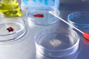 Petri dishes with samples on table, closeup