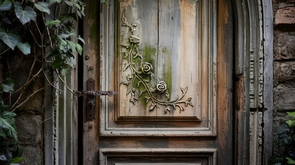 Weathered Wooden Door with Rose Ornament and Rusty Handle Detail