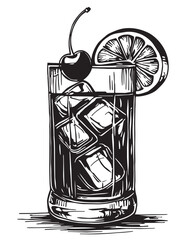 Monochrome old fashioned cocktail with ice, cherry for design of bar menu. American alcohol cocktail with whisky and bourbon for drink party. Line art, hand-drawn illustrations for bar or drink menu
