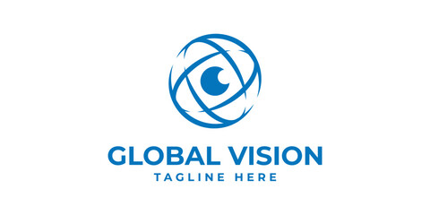 Logo design global vision, globe, eye, lens, camera, minimalist, technology, logo design icon, vector, symbol, idea, creative. Vector illustration.