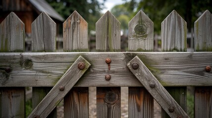 Weathered Wooden Fence Gate Detail with Rusty Fasteners