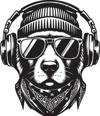 Cool Dog with Headphones, Sunglasses, and Beanie - Black and White Hipster Animal Illustration