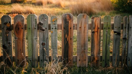 Weathered wooden fence with lichen and grass in golden hour ligh