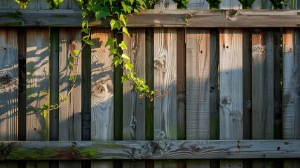 Weathered Wooden Fence with Climbing Vine in Golden Hour Sunligh