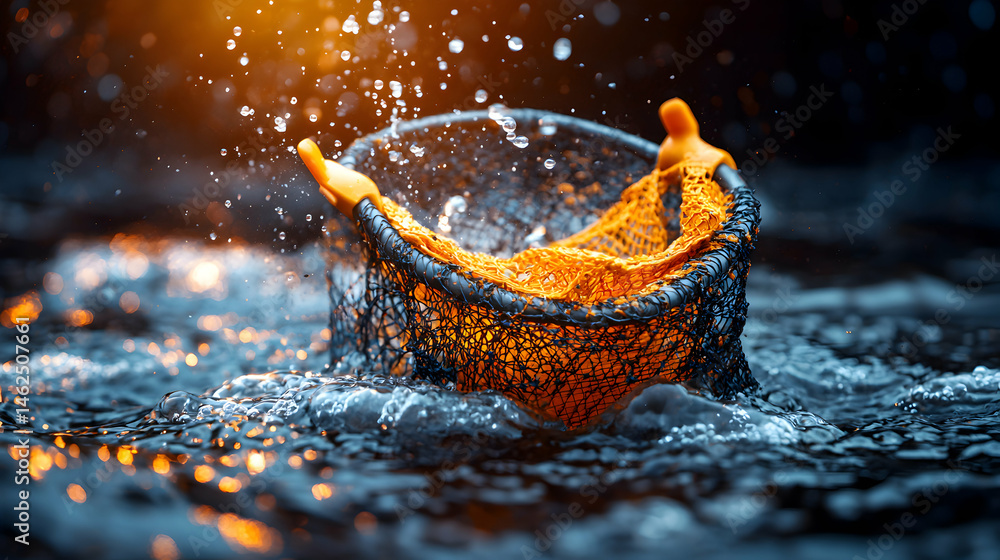 Poster a fishing net in water captures the motion of droplets and light. use for aquatic themes or nature-i